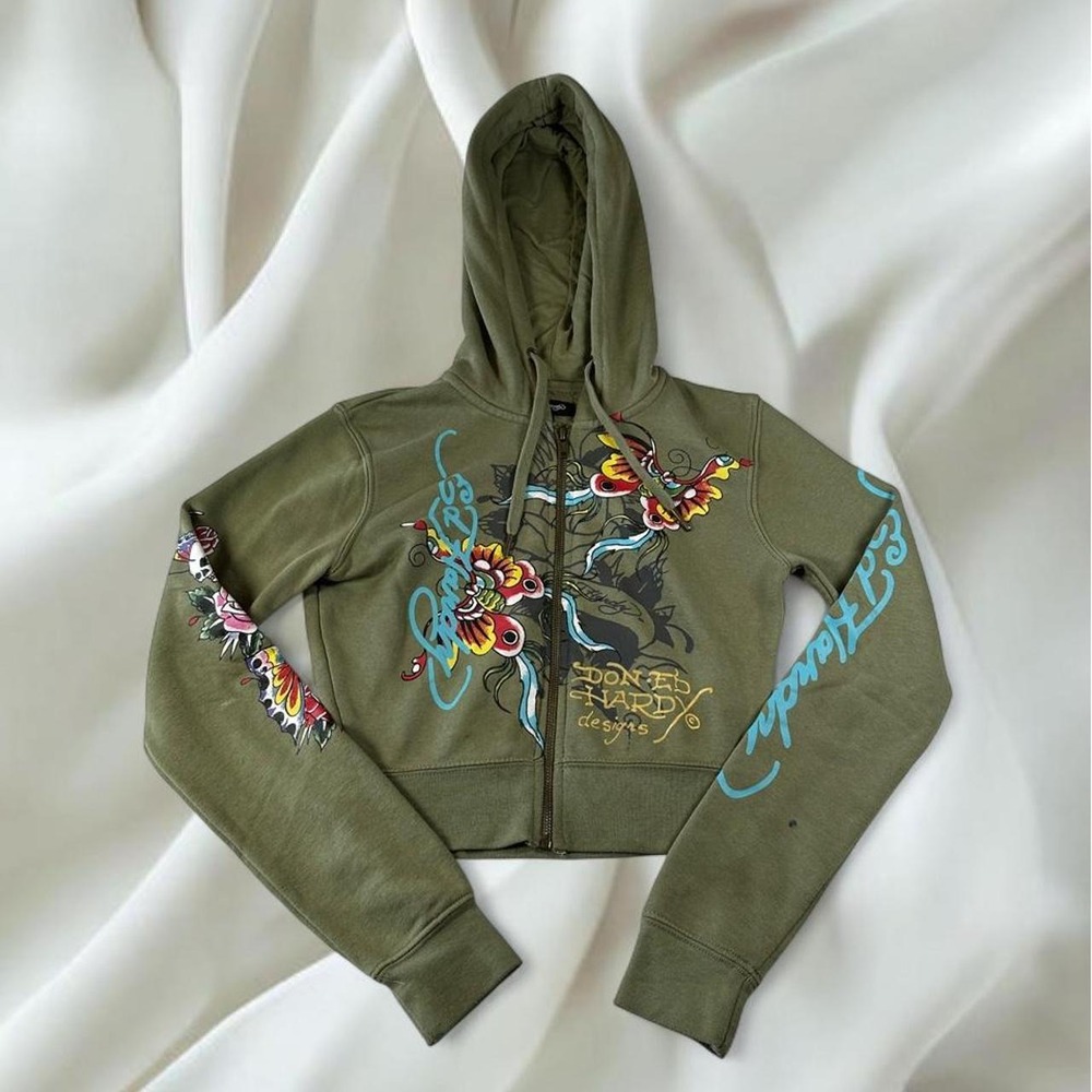 Ed Hardy green graphic butterfly cropped zip up jacket y2k mcbling grunge